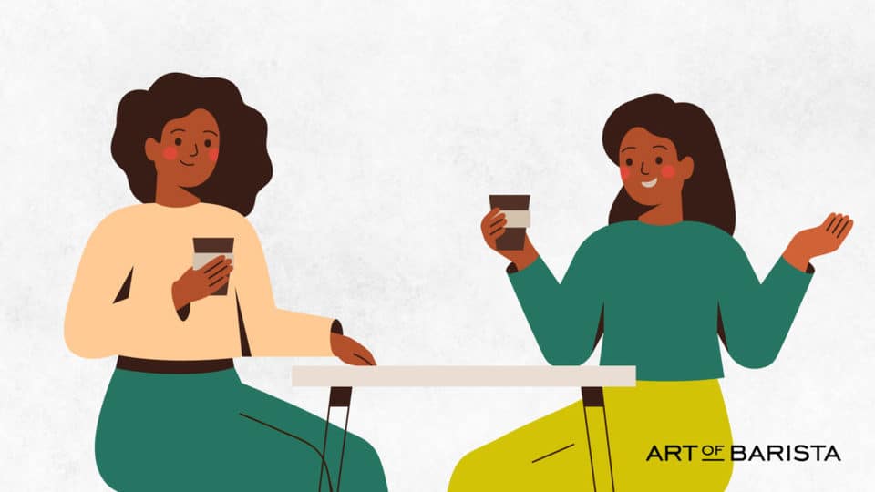 vector graphic showing two women sitting next to one another and discussing the question is coffee bad for you