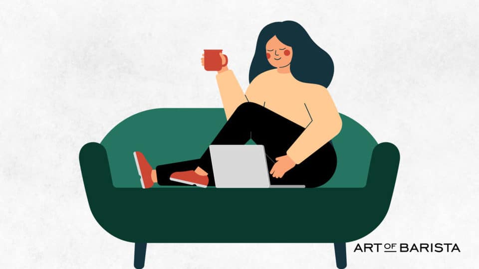vector graphic showing a woman sitting on a couch and on a laptop looking up the question is coffee bad for you