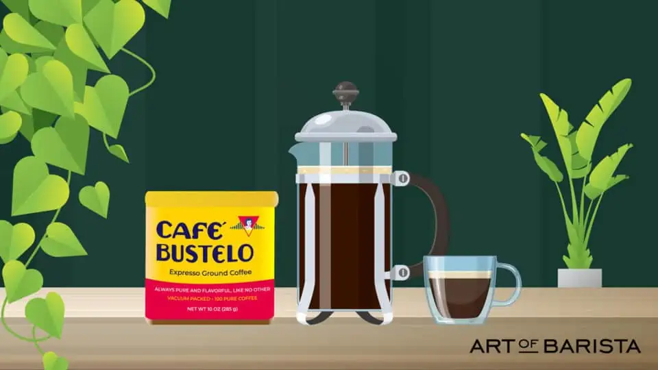 vector graphic showing the ingredients and gear needed to learn how to make cafe bustelo