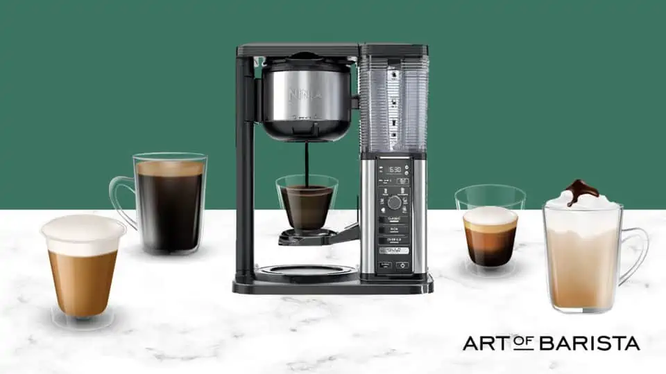 vector graphic showing a ninja coffee bar machine making coffee and surrounded by coffee cups full of coffee