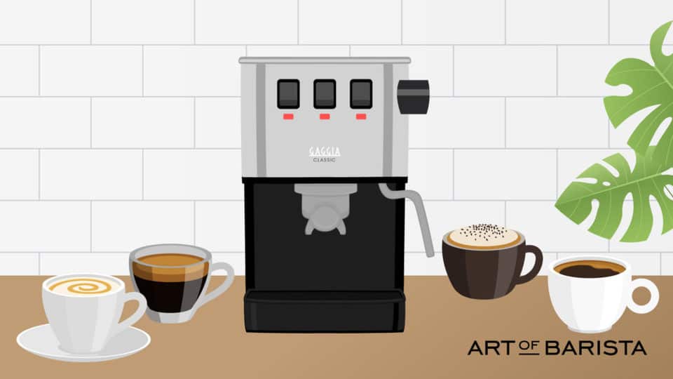 vector graphic showing an illustration of a gaggia classic pro coffee maker sitting on a counter making coffee