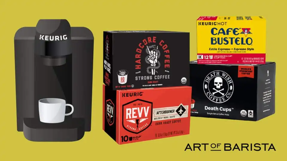 vector graphic showing different types of the strongest k cup coffee in boxes next to one another