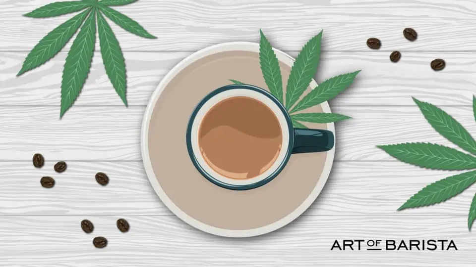 vector graphic showing in illustration of CBD coffee - a coffee in a mug surrounded by CBD plants