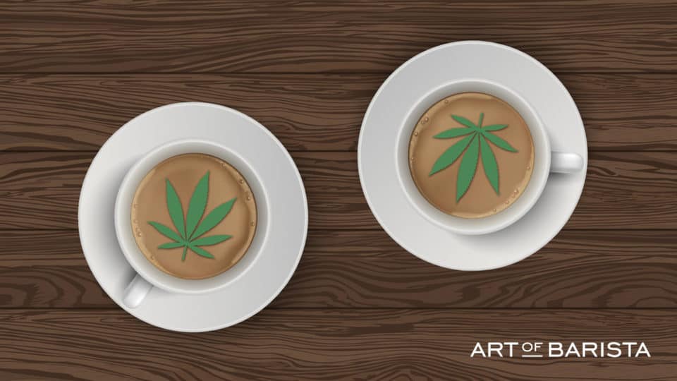 vector graphic showing in illustration of CBD coffee - a coffee in a mug surrounded by CBD plants